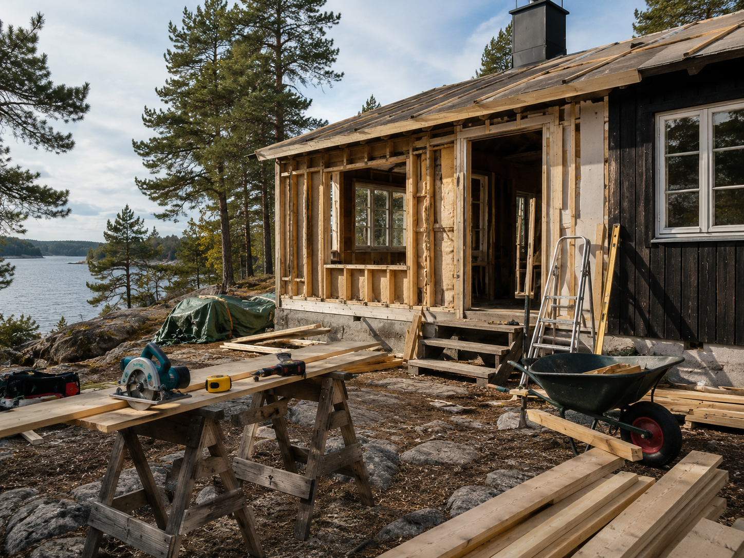 The cottage and jetty under restoration on the island